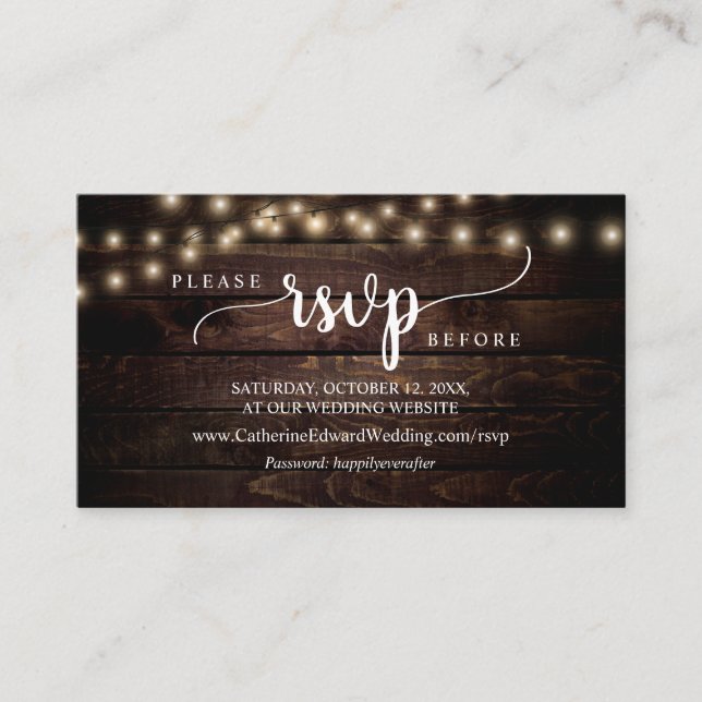 Rustic Farm Wood, String Lights, Online RSVP Enclo Enclosure Card (Front)