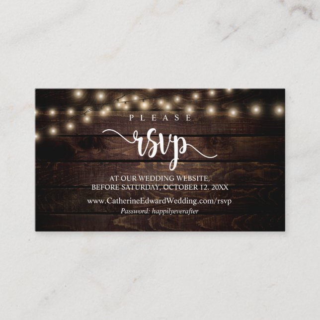 Rustic Farm Wood, String Lights, Online RSVP Enclosure Card (Front)