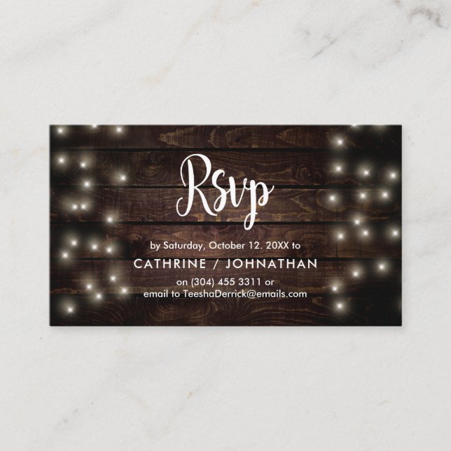Rustic Farm Wood, String Lights, RSVP respond Enclosure Card (Front)