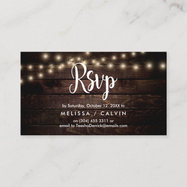 Rustic Farm Wood, String Lights, RSVP respond Enclosure Card (Front)