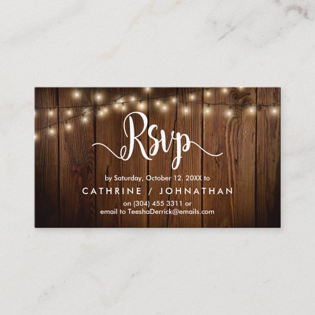 Rustic Farm Wood, String Lights, RSVP respond Enclosure Card (Front)