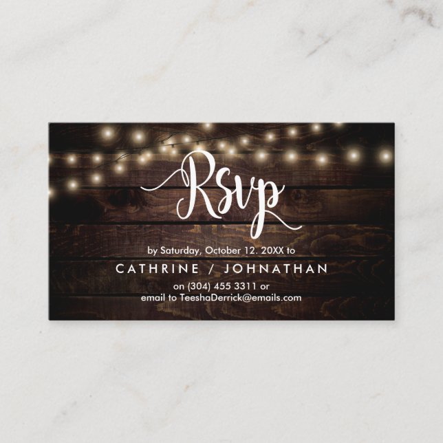 Rustic Farm Wood, String Lights, RSVP respond Enclosure Card (Front)