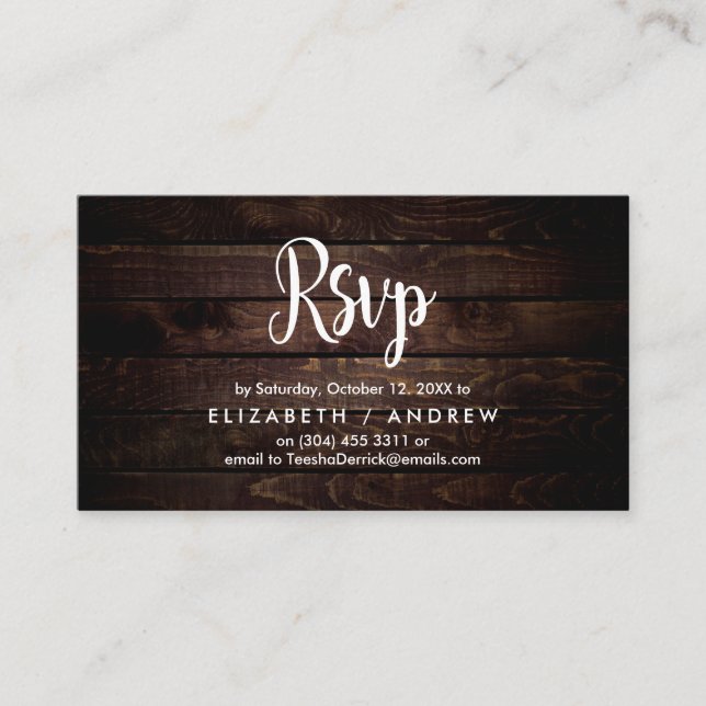 Rustic Farm Wood, White font, RSVP respond Enclosure Card (Front)