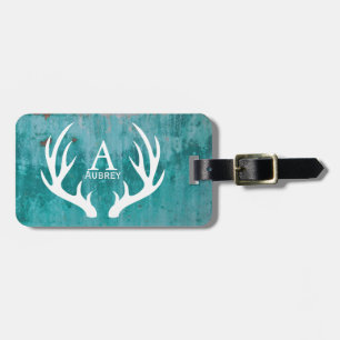 Rustic Farmhouse Antlers & Teal Rusted Metal Luggage Tag