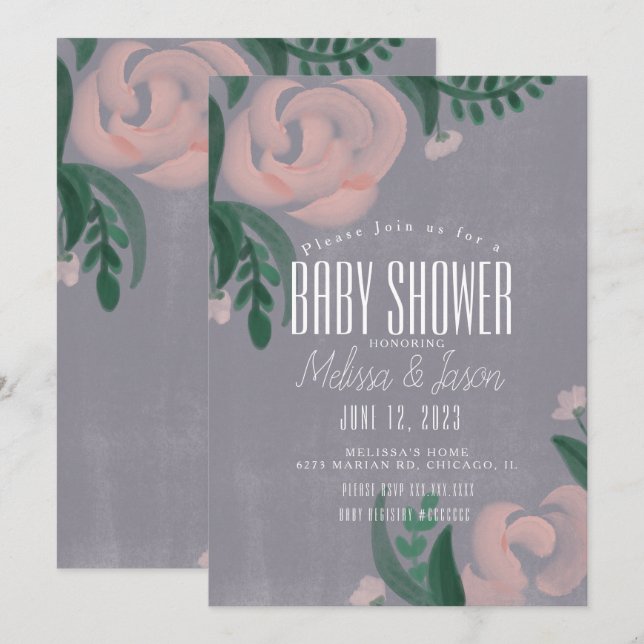 Rustic Farmhouse Baby Shower Pink Rose Floral Grey Invitation (Front/Back)
