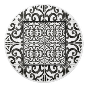 Rustic Farmhouse Black and White Scrollwork Tile Ceramic Knob