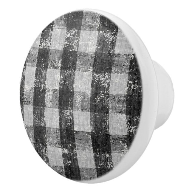 Rustic Farmhouse Black n White Gingham Check Farm Ceramic Knob (Right)