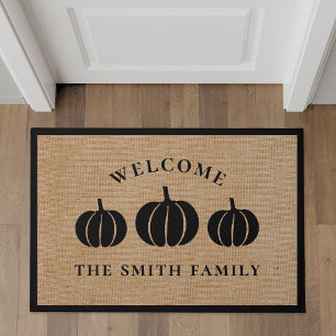 Rustic Farmhouse Black Pumpkin Family Name Welcome Doormat