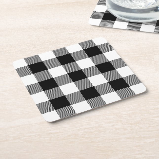 Rustic Farmhouse Black White Buffalo Check Plaid Square Paper Coaster (Angled)