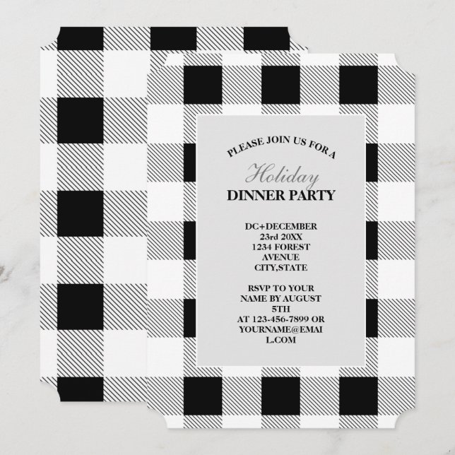 rustic farmhouse black white buffalo plaid party invitation (Front/Back)