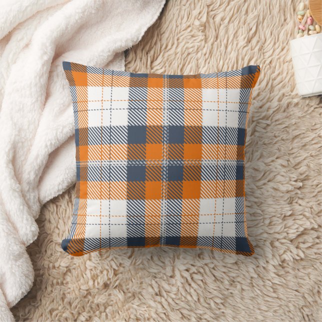 Rustic Farmhouse Blue Orange Plaid Autumn Fall  Cushion (Blanket)