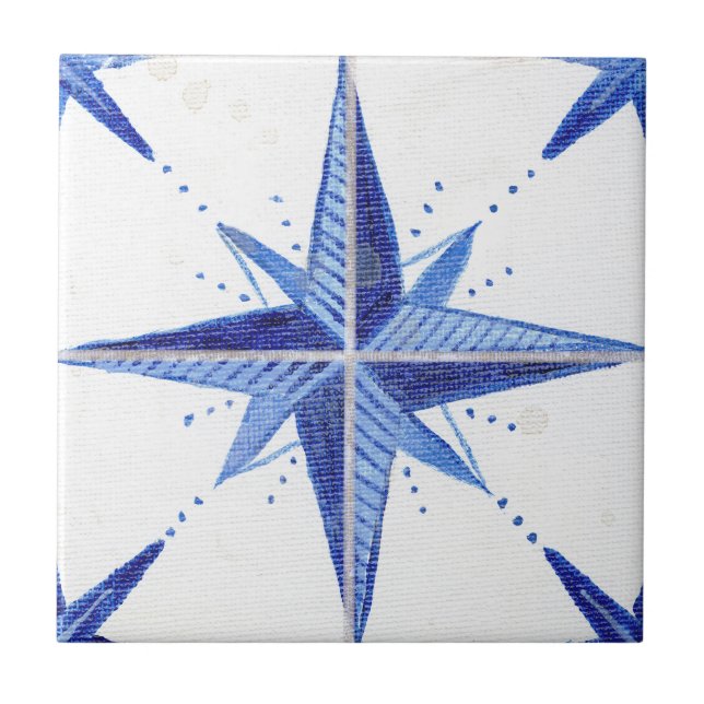 Rustic Farmhouse Blue White Star Chic Pattern Ceramic Tile (Front)