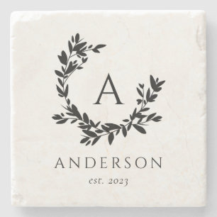 Rustic Farmhouse Botanical Leaves Family Monogram Stone Coaster