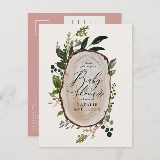 Rustic farmhouse botanical script baby shower announcement postcard (Front/Back)