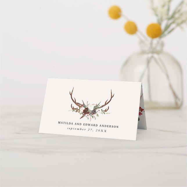 Rustic farmhouse botanical stag chic wedding table place card (Back)