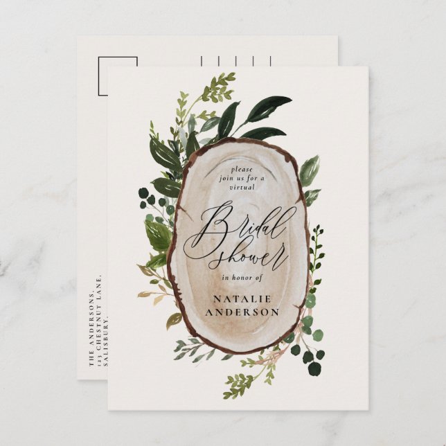 Rustic farmhouse botanical virtual bridal shower announcement postcard (Front/Back)