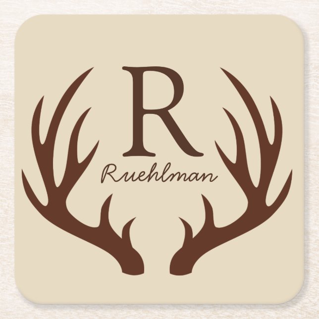 Rustic Farmhouse Brown Deer Antlers Family Name Square Paper Coaster (Front)