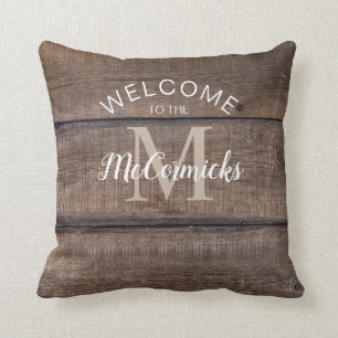 Rustic Farmhouse Brown Family Name Monogram Cushion