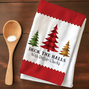 Rustic Farmhouse Buffalo Check Christmas Trees Tea Towel