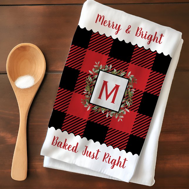 Rustic Farmhouse Buffalo Check Monogram Christmas Tea Towel (Creator Uploaded)