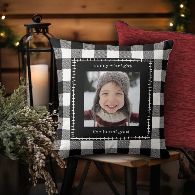 Rustic Farmhouse Buffalo Plaid Family Photo Cushion (Creator Uploaded)
