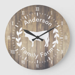Rustic Farmhouse Bull Cow & Family Name Large Clock