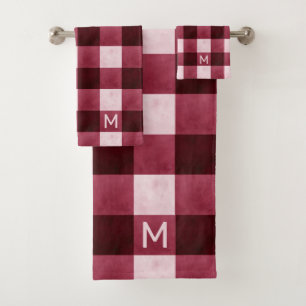 Rustic Farmhouse Burgundy Buffalo Check & monogram Bath Towel Set