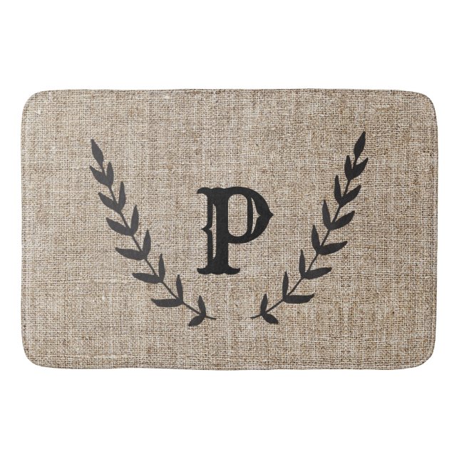 Rustic Farmhouse Burlap & Black Botanical Laurel Bath Mat (Front)