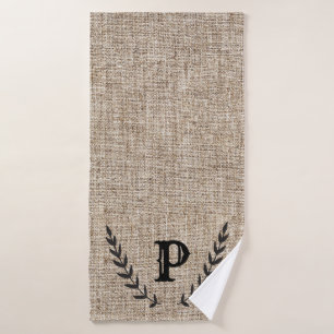 Rustic Farmhouse Burlap & Black Botanical Laurel Bath Towel Set