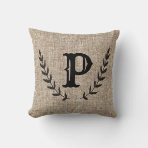 Rustic Farmhouse Burlap & Black Botanical Laurel Cushion