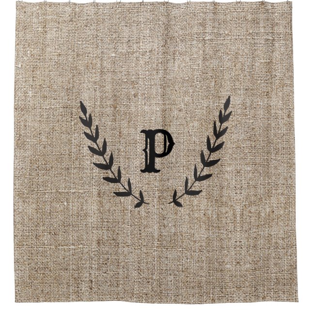 Rustic Farmhouse Burlap & Black Botanical Laurel Shower Curtain (Front)