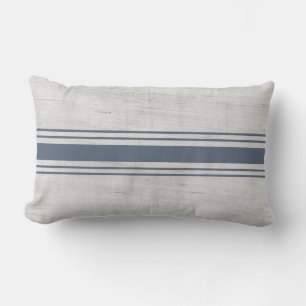 Rustic Farmhouse Burlap Blue Striped Grain Sack  Lumbar Cushion