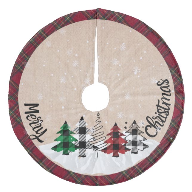 Rustic Farmhouse Burlap Buffalo Plaid Christmas Fleece Tree Skirt (Front)