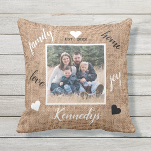 Rustic Farmhouse Burlap Custom Family Name Photo Cushion