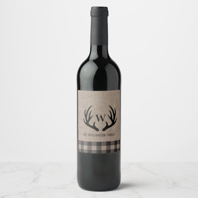 Rustic Farmhouse Burlap Deer Antlers Monogram Name Wine Label (Front)