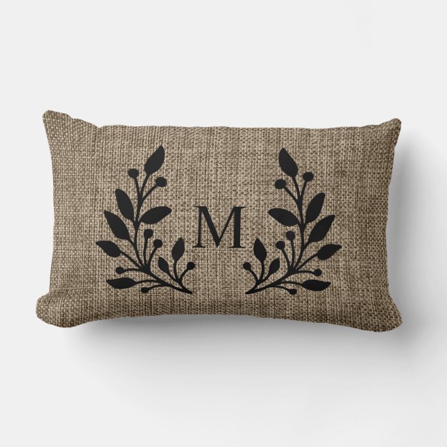 Rustic Farmhouse Burlap Laurels Monogram  Lumbar Cushion (Front)