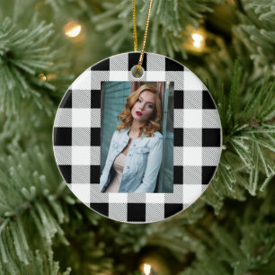 rustic farmhouse chic black and white plaid ceramic ornament