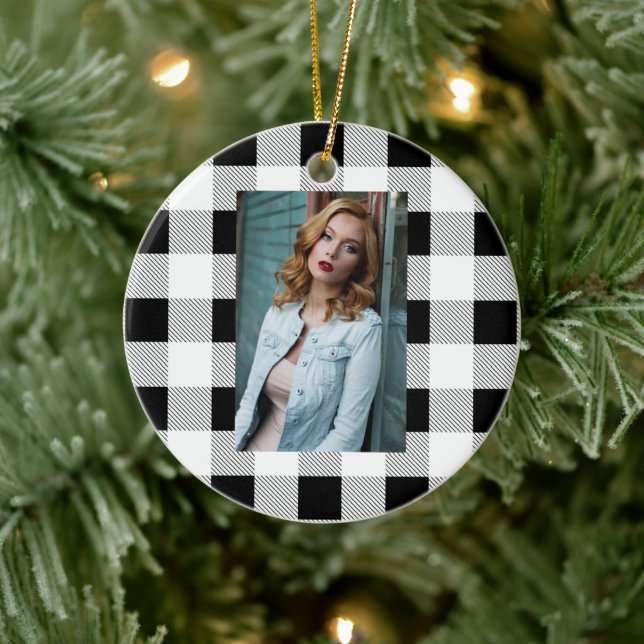 rustic farmhouse chic black and white plaid ceramic ornament (Tree)