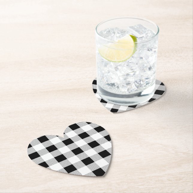 rustic farmhouse chic black and white plaid paper coaster (Insitu)
