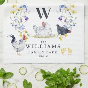 Rustic Farmhouse Chicken   Family Name Monogram  Tea Towel