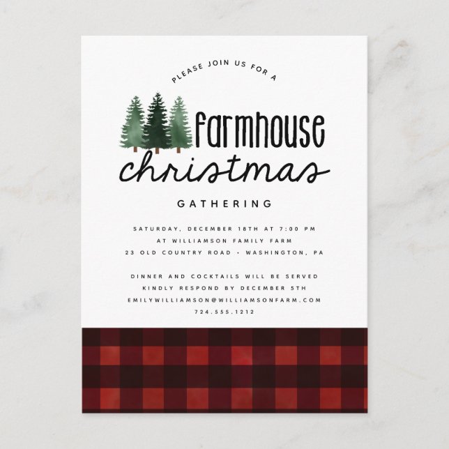 Rustic Farmhouse Christmas Plaid Party Invitation  Postcard (Front)