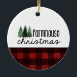 Rustic Farmhouse Christmas Red Plaid Photo  Ceramic Ornament<br><div class="desc">Rustic Farmhouse Christmas Red Plaid Photo Ceramic Ornament - Unique rustic ornament features hand lettered hand lettered type that reads "farmhouse christmas" with three evergreen pine trees and accented with buffalo plaid. Your favourite photo is featured on the back of the ornament and is personalised with your family name and...</div>