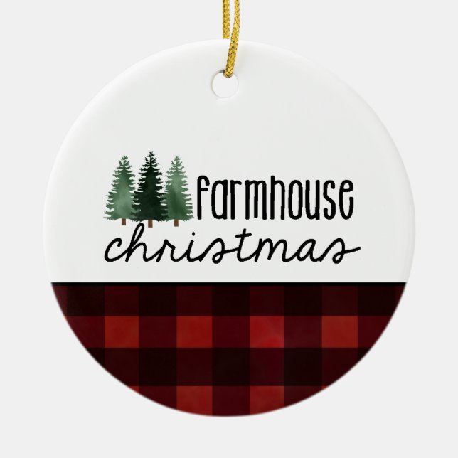 Rustic Farmhouse Christmas Red Plaid Photo  Ceramic Ornament (Front)