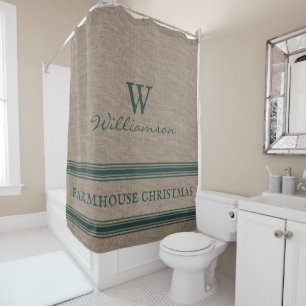 Rustic Farmhouse Christmas Ticking Burlap Shower Curtain