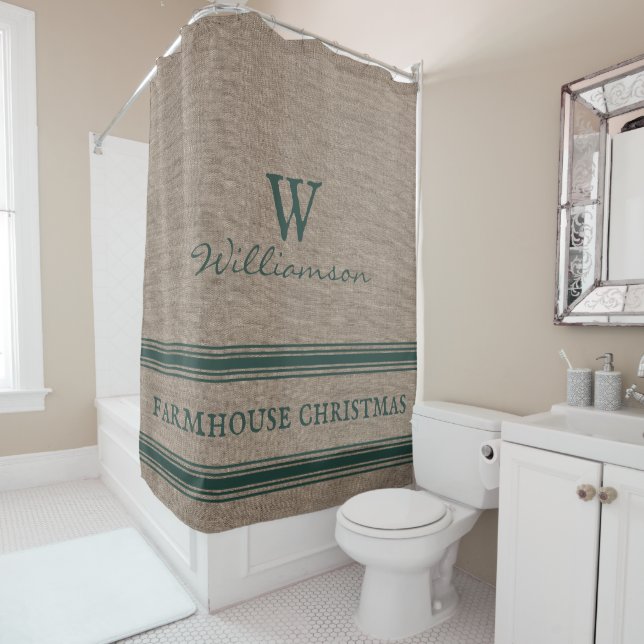 Rustic Farmhouse Christmas Ticking Burlap Shower  Shower Curtain (In Situ)