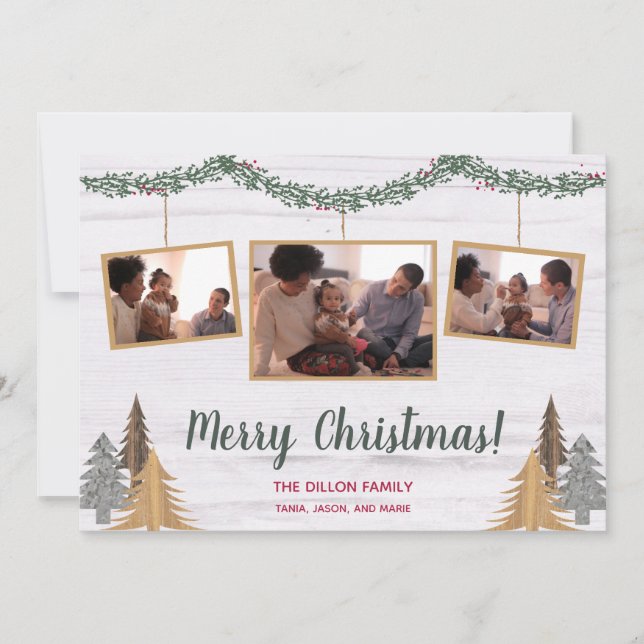 Rustic Farmhouse Christmas Trees & Garland 3-Photo Holiday Card (Front)