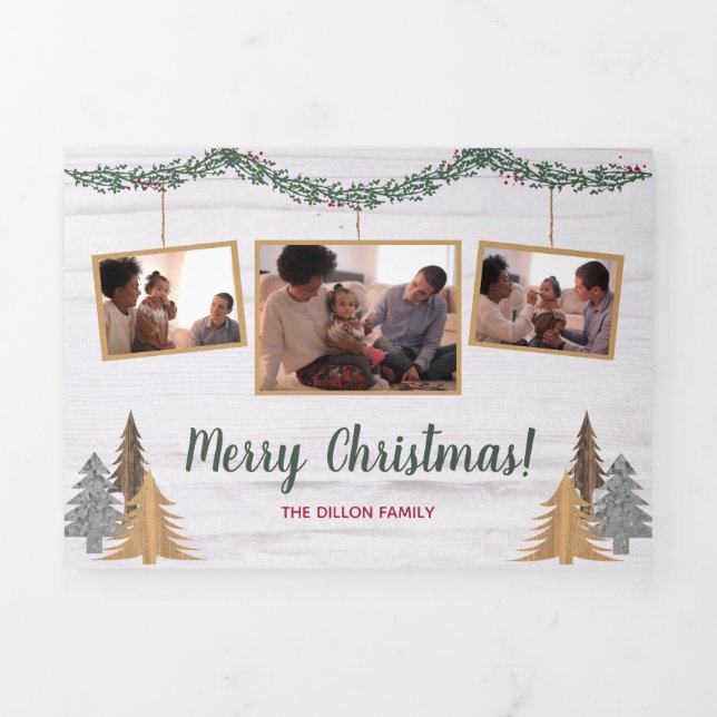 Rustic Farmhouse Christmas Trees & Garland 5-Photo Tri-Fold Holiday Card (Cover)