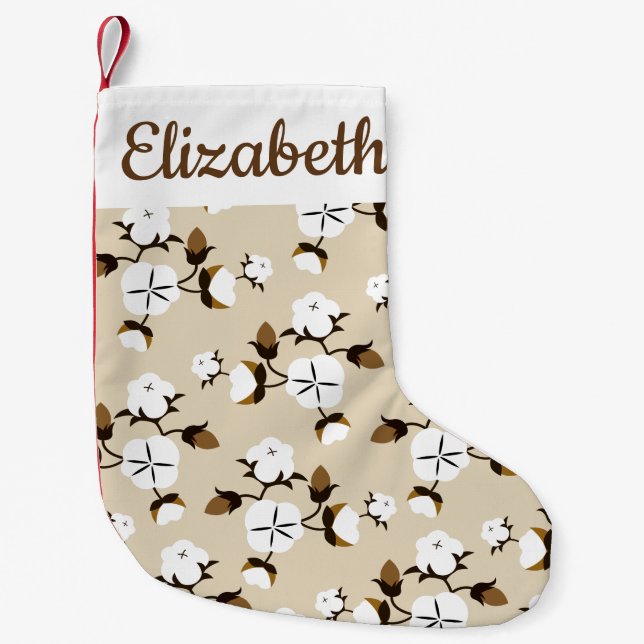 Rustic Farmhouse Cotton Flowers & Name Small Christmas Stocking (Front)