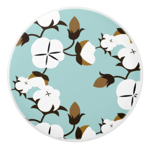 Rustic Farmhouse Cotton Flowers & Teal Ceramic Knob
