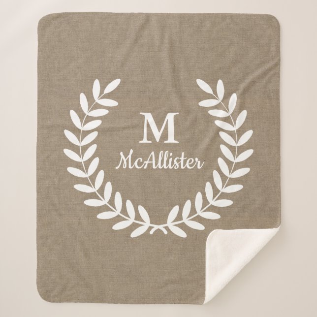 Rustic Farmhouse Country Faux Burlap & Laurels Sherpa Blanket (Front)